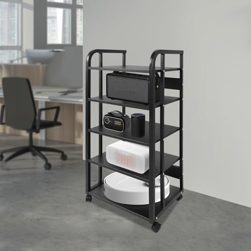 5 Tier Rolling AV Media Stand, Corner Audio Video Equipment Rack with Locking Wheels, Adjustable Shelves for Stereo Receiver Speakers and TV Components, Black