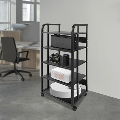 5 Tier Rolling AV Media Stand, Corner Audio Video Equipment Rack with Locking Wheels, Adjustable Shelves for Stereo Receiver Speakers and TV Components, Black