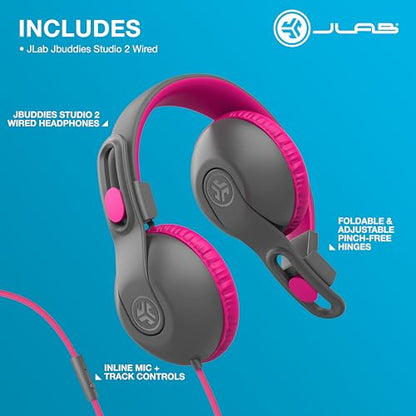JLab JBuddies Studio 2 On-Ear Kids Wired Headphones, Grey/Pink, Toddler Headphones, Kid Safe, Studio Volume Safe, Volume Limiter, Folding, Adjustable, Noise Isolation, with Mic