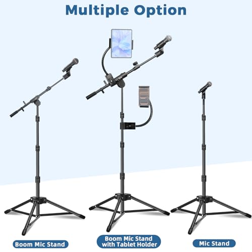 Microphone Floor Stand with Phone/Tablet Holder, Adjustable Boom Mic Stand with Heavy-Duty Base, Dual Device Mount for Streaming, Podcasting, Recording, and Live Performances GMS-04