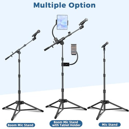 Microphone Floor Stand with Phone/Tablet Holder, Adjustable Boom Mic Stand with Heavy-Duty Base, Dual Device Mount for Streaming, Podcasting, Recording, and Live Performances GMS-04