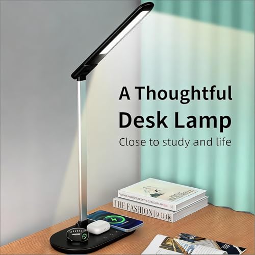 IHAO 3in1 Wireless Charging Eye-Care Desk Lamp 15W Fast Charging Station for Phone, Smartwatch & Earbuds, Touch Control Dimmable LED Light Adjustable Gooseneck, Modern Office Table Lamp-HYT2096 Black - color: Table Lamp 3in1 wireless charger HYT2096 Black