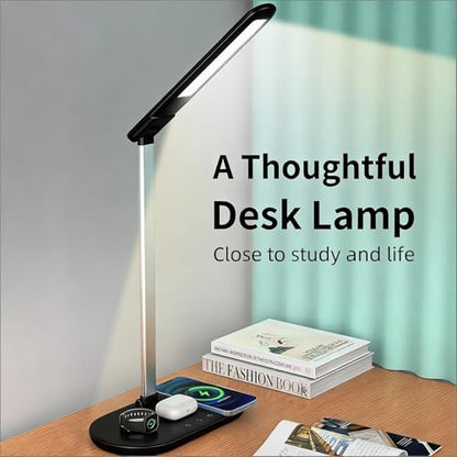 IHAO 3in1 Wireless Charging Eye-Care Desk Lamp 15W Fast Charging Station for Phone, Smartwatch & Earbuds, Touch Control Dimmable LED Light Adjustable Gooseneck, Modern Office Table Lamp-HYT2096 Black - color: Table Lamp 3in1 wireless charger HYT2096 Black