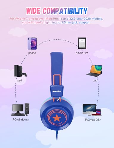 New Bee 2 Pack Kids Headphones with Microphone, 85dB/94dB Safe Volume Limited Childrens Headset, Foldable Wired Toddler Headphones Over Ear for School Travel Mac/Android/Kindle/Tablet/Pad Blue Pink - color: Blue Pink-2 Pack, size: wired
