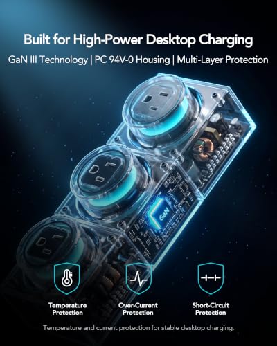 E-Tank 7-in-1 Desktop Charging Station, 240W Max GaN USB-C Charger | 3 AC Outlets, 4 USB-C Ports, 240W Shared USB-C Output, 140W PD 3.1 Fast Charging, Smart Power Sharing, RGB Lighting - color: 240W Charger Station - Gray