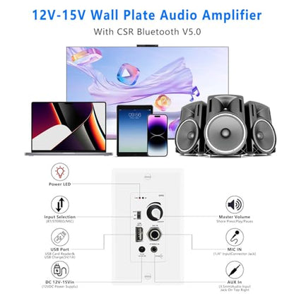 in Wall Audio Control Amplifier Receiver Compatible with Bluetooth 2 Channel Wall Plate with USB Microphone Aux (3.5mm) Input 120W for Sound Systems Home Theater Integration