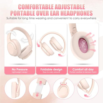 Active Noise Cancelling Headphones, Over-Ear Headphones Pink | Wireless Blutooth Headphones with100H Playtime, Built-in Microphone, Lightweight & Foldable, Deep Bass for Work/Gym/Travel - color: Pink