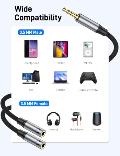 3.5mm Headphone Splitter, Aux Audio Stereo Y Splitter Extension Cable Male to Female Dual Headphone Jack Adapter for Switch 2/PS4/PS5 iPhone iPad, Tablet, Laptop.