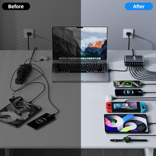 440W Fast Charging 8 Port USB C Charger Block, Multi-Device USB Charging Station Wall Desktop Charger with GaN Ⅲ Technology, USB-C Charger Adapter for MacBook/iPad/iPhone 16/Samsung Galaxy/DELL/HP - size: 440W