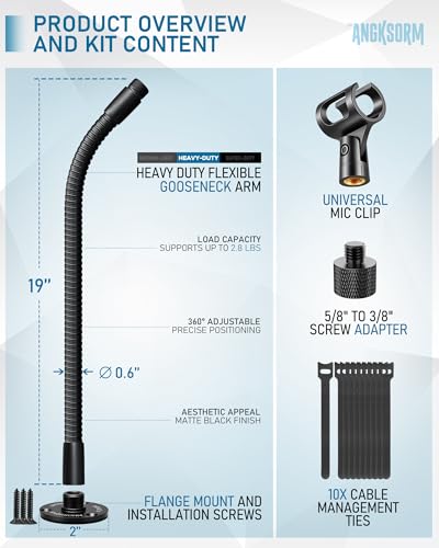 KF25 19-Inch Heavy-Duty Gooseneck Mic Stand with Flange Mount for Podium | Microphone holder for wider lecterns and studio desks, up to 2.8 lb, with mic clip, adapter, and 10 cable ties - size: 19-INCHS