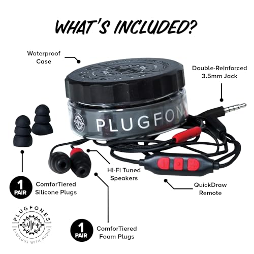 Plugfones Protector Plus Volume Limited in-Ear Earplug Earbuds, Noise Reduction Headphones with Noise Isolating Mic and Controls, Black & Red - color: Black & Red (with Microphone)