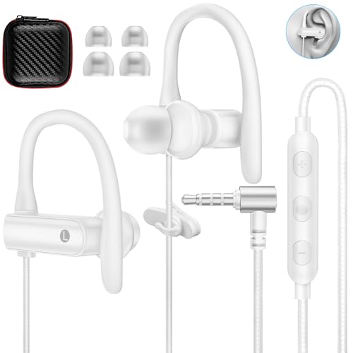 ASKUBSKU 3.5mm Headphones Sport Wired Earbuds with Mic Fit Travel, White | Noise Isolating Running Earphone Stereo Over Ear Buds Wired Plug in with Ear Hook for Samsung A15 A03s A14 S10 A12 for Switch - color: White