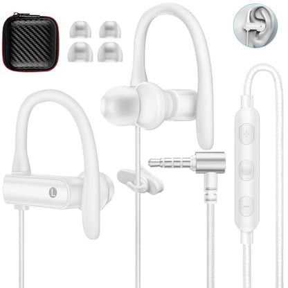 ASKUBSKU 3.5mm Headphones Sport Wired Earbuds with Mic Fit Travel, White | Noise Isolating Running Earphone Stereo Over Ear Buds Wired Plug in with Ear Hook for Samsung A15 A03s A14 S10 A12 for Switch - color: White