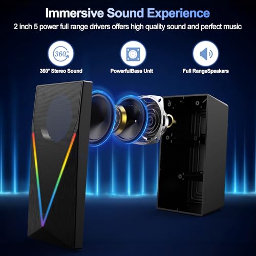 Computer Speakers, Desktop PC Speakers with 6 Colorful RGB Lights, Headphone Jack, Enhanced Bass and Volume Control, USB Powered & 3.5mm Aux Gaming Speakers for Laptop Monitor PC Tablet Phone