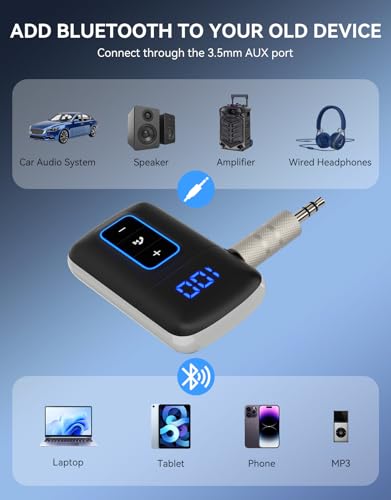 Bluetooth 5.3 AUX Receiver for Car, LED Screen, Noise Cancelling | 3.5mm AUX Bluetooth Adapter for Home Stereo/Wired Headphones/Speaker, Hands-Free Calls, Music, Dual Connect, Type-C Charging