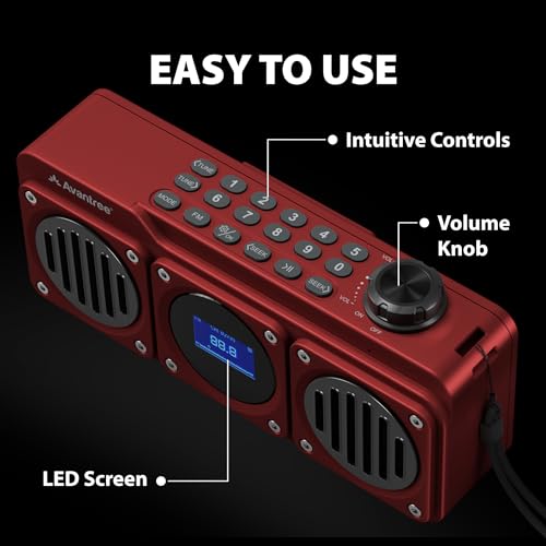 Avantree BoomByte - Portable FM Radio & Bluetooth Speaker with Stereo Sound | Long Rechargeable Playtime, Micro SD Card & USB Audio Input, MP3 Player, Metal Finish, Easy to Use, Red - color: Red