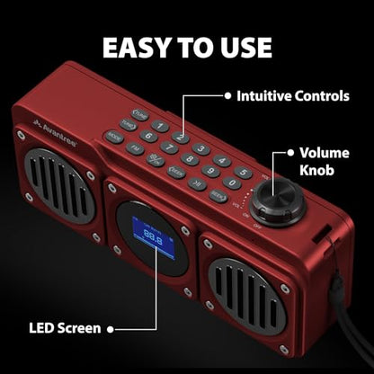 Avantree BoomByte - Portable FM Radio & Bluetooth Speaker with Stereo Sound | Long Rechargeable Playtime, Micro SD Card & USB Audio Input, MP3 Player, Metal Finish, Easy to Use, Red - color: Red