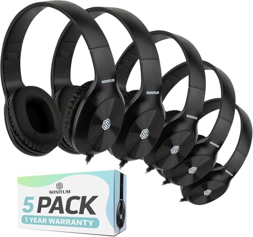 Sonitum Bulk Kids Headphones for School with Microphones - 5-Pack On-Ear 3.5mm Wired Headphones for Schools -Comfy Wired Kids Headphones with in-Line Mics – School Headphones for Kids - color: Black