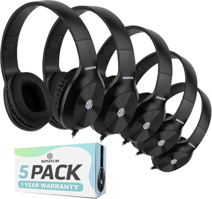 Sonitum Bulk Kids Headphones for School with Microphones - 5-Pack On-Ear 3.5mm Wired Headphones for Schools -Comfy Wired Kids Headphones with in-Line Mics – School Headphones for Kids - color: Black