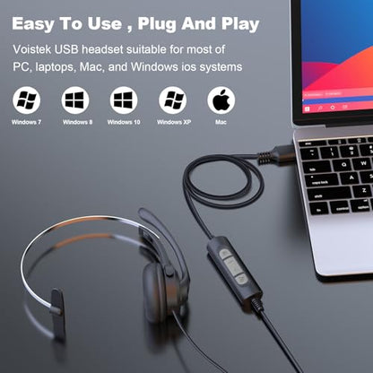 Voistek USB Headset with Noise Canceling Mic,Single-Ear Headset for PC | Mono Headphones with USB-A Cable & USB-C Adapter,In-Line Volume Control,Mute Button for Teams Zoom,Home Office - color: ink black