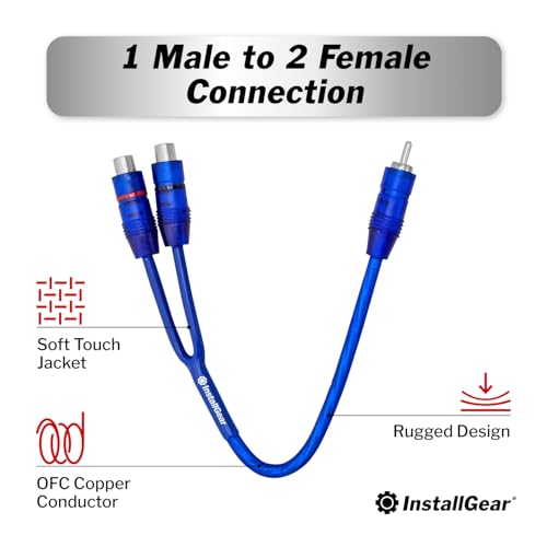 InstallGear 2 Pack RCA Y Adapter Splitter - 1ft RCA Y Splitter 1 Male 2 Female with Shielding - Connector for Car Audio, Home Theater - Durable Cable Splitters with OFC Conductor - Blue - size: 1M-2F (1 ft, 2-Pack)