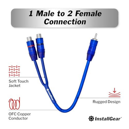 InstallGear 2 Pack RCA Y Adapter Splitter - 1ft RCA Y Splitter 1 Male 2 Female with Shielding - Connector for Car Audio, Home Theater - Durable Cable Splitters with OFC Conductor - Blue - size: 1M-2F (1 ft, 2-Pack)