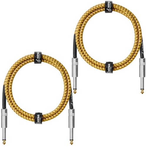 2-Pack 3.3 Feet Tweed braided 1/4 Inch TS Guitar Cables, Yellow & Brown | Strain relief, Anti-kink, no signal loss, fit electric guitar, bass, amp - color: Yellow, size: 3.3ft