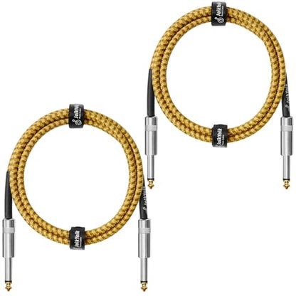 2-Pack 3.3 Feet Tweed braided 1/4 Inch TS Guitar Cables, Yellow & Brown | Strain relief, Anti-kink, no signal loss, fit electric guitar, bass, amp - color: Yellow, size: 3.3ft