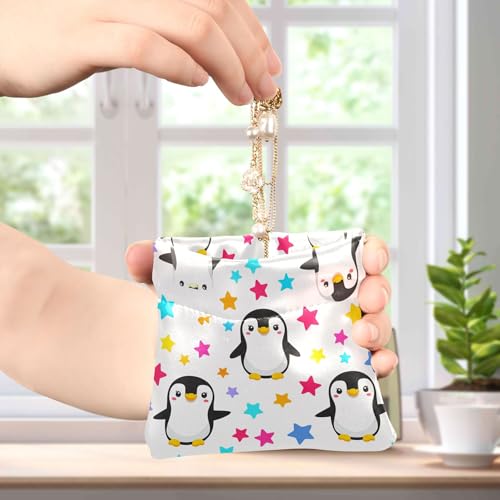 Leather Waterproof Portable No Zipper Purse, Coin Pocket Pouch Change Holder, Small Storage Bag for Men Women Headset Credit Card ID Key Lipstick, (Cute Penguins)