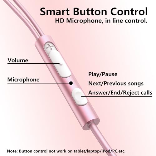 USB C Earbuds Rose Gold, Type C in Ear Headphones Wired, Stereo Bass Pink Earphones with Micphone and Volume Control Compatible with iPhone 15 Samsung Google Pixel Smart Phones