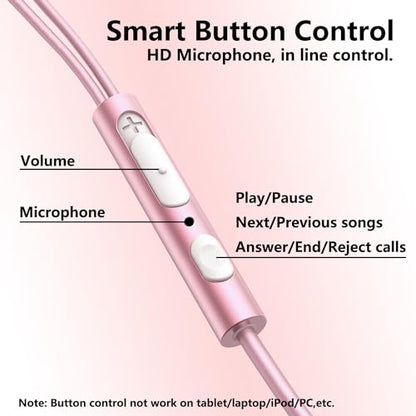 USB C Earbuds Rose Gold, Type C in Ear Headphones Wired, Stereo Bass Pink Earphones with Micphone and Volume Control Compatible with iPhone 15 Samsung Google Pixel Smart Phones
