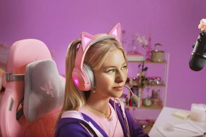Razer Kraken Kitty V2 USB Wired RGB Headset: Chroma Kitty Ears - Stream Reactive Lighting - HyperClear Cardioid Mic - Triforce 40 mm Drivers - 7.1 Surround Sound - Quartz Pink (Renewed)