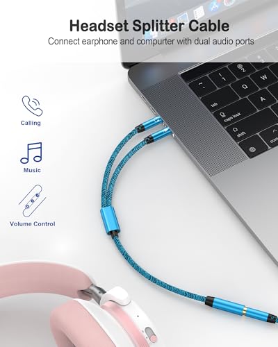 Headset Splitter for Computer, Braided Audio Mic Splitter Cable for Mic | Headset to PC Adapter 3.5mm Female to 2 Male Y Splitter Cable Adaptor for Gaming & Office, PS5, Xbox, Switch, Laptop, Tablets