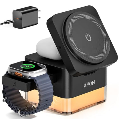 3 in 1 MagSafe-Compatible Charging Station for Apple, Nightstand Fast Wireless Charger, Foldable Cube, Charging Stand with Night Light, for iPhone 17/16/15/14/13/12, Apple Watch/AirPods, Black - color: Black
