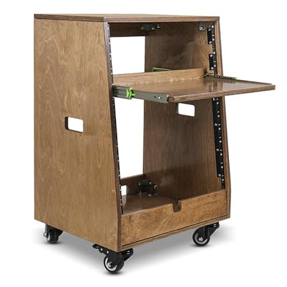 Sound Town DIY Slanted 12U Studio Rack (4U Top + 8U Lower), with 2U Bottom Storage, Slide-Out Tray, Caster, Plywood, Weathered Brown for Recording Room, Home Studio (SDRK-ST12TB) - size: 12U(4U Top + 8U Lower),Weathered Brown