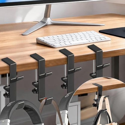 Desk Mount Bag Holder Hook Clamp, Bag Hook 4 Pcs-Double Hook Black | Portable Purse Hook for Table, Reduce Desk Clutter, Desk Mount Headphones Holder, Backpack Hanger, Table Hanging Storage - color: 4 Pcs-Double Hook Black