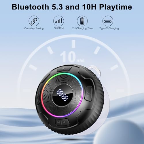 Hupoaf Bluetooth Shower Speaker, Bluetooth Speaker 5.3, 6D Sound, Portable Speaker with Suction Cup/Hook, IPX7 Waterproof, with LED Light/Time Display, for Outdoor/Party/Bathroom//Kayak/Gift