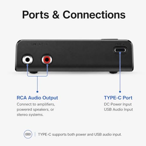 R1 Bluetooth Receiver for Home Stereo with RCA Line Out & USB Input | No-beep pairing, aptX Adaptive HD, for amplifiers and powered speakers, always-on USB power, music streaming only, no mic