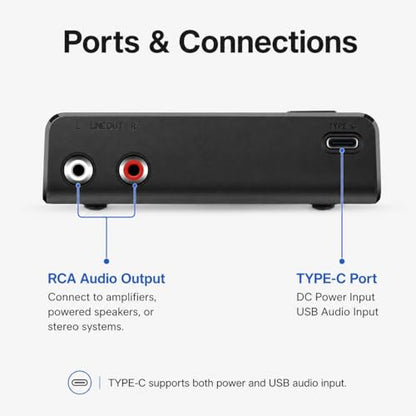 R1 Bluetooth Receiver for Home Stereo with RCA Line Out & USB Input | No-beep pairing, aptX Adaptive HD, for amplifiers and powered speakers, always-on USB power, music streaming only, no mic