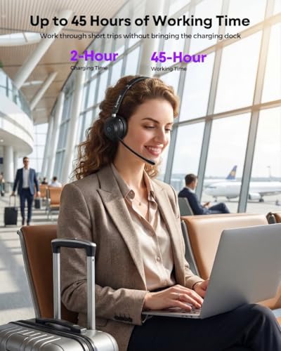 Wireless Headset with Mic for Work, Clear Sound ＆ Comfortable ＆ Stable Connection, Bluetooth Headset for Computer, Wireless Headset with Charging Base & USB Dongle for Office & Call Center