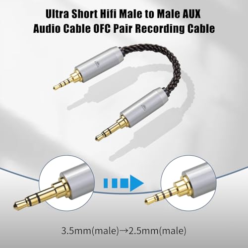 3.5MM Male to 2.5MM Male Ultra Short Hifil Male to Male AUX Audio Cable OFC Pair Recording Cable Wire-Breakage-Prevention Design Adoption of 8-Core Braided Structure 5.82 inch - size: 3.5MM Male - 2.5MM Male