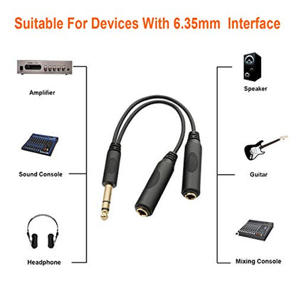Tisino 6.35mm(1/4 inch) TRS Jack Cable Headphone Splitter 2 Way, 20cm | 1/4" TRS Stereo Jack Splitter Cable, 6.35mm Male to 2 Female Y Lead for Guitar, Mixer, Studio, Gold-plated/OFC