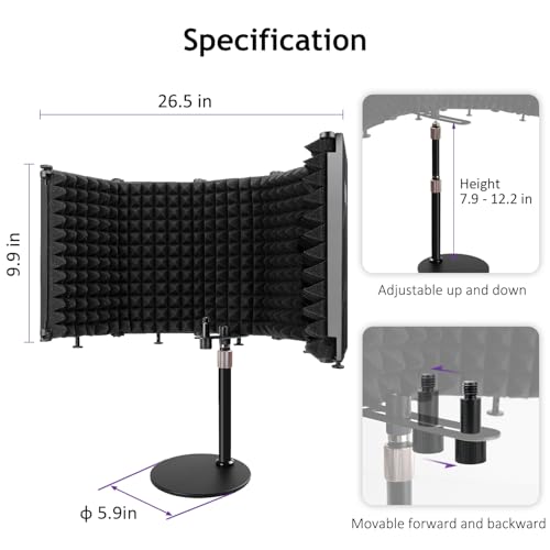 Microphone Isolation Shield, 5 Panels Sound Proof Mic Shield with Mic Stand, High Density Absorbent Foam Mic Isolation Shield for Recording Studio Vocal Booth Equipment - size: 5P(26.5"x9.9")