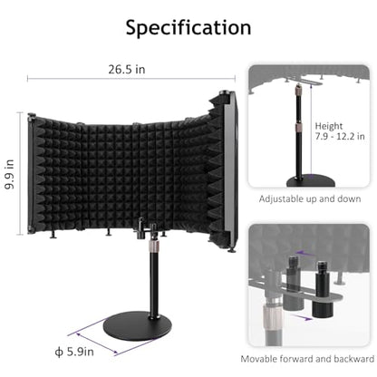 Microphone Isolation Shield, 5 Panels Sound Proof Mic Shield with Mic Stand, High Density Absorbent Foam Mic Isolation Shield for Recording Studio Vocal Booth Equipment - size: 5P(26.5"x9.9")