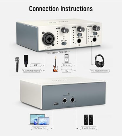 USB C Audio Interface for Recording Music, Streaming, Podcasting with XLR, Line Input, 24bit/48kHz, 48V Phantom Power, 2-channel, Silver