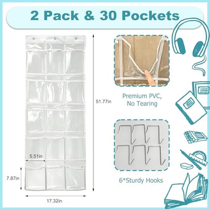 2 Pack Clear PVC Classroom Headphone Storage Organizer - 30 Pocket Over-the-Door Hanging Holder Bag for Headphones/Cell Phones, Includes 62 Labels