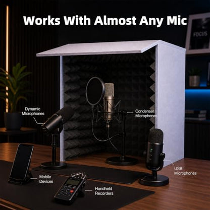 Portable Vocal Booth, 28 Inch Desktop Sound Isolation Recording Booth Box, Foldable Microphone Isolation Shield with 2 Inch Acoustic Foam for Podcast, Voice Over, Singing, Studio (Grey)