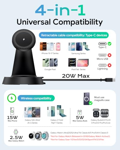 Meifigno 4 in 1 Magnetic Charger for Samsung with 20W Fast Retractable Cable, Wireless Charging Station Designed for MagSafe Charger Stand for Galaxy S26 Ultra Z Fold7/Flip7/Galaxy Watch Ultra 8/Buds