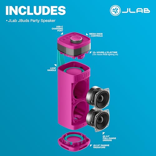 JLab, JBuds Party, Portable Bluetooth Speaker, Waterproof, RGB Lighting, Multi-Speaker Connection, Pink - color: Pink
