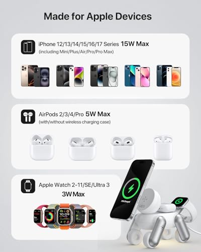 UEQ 3 in 1 Wireless Charging Station for Apple Devices,Foldable Cute Magnetic Mag-Safe Wireless Charger Stand with Night Light for iPhone 17 Air 16 15 14 13 12 Series,AirPods 4 3 2 Pro,Apple Watch - color: White